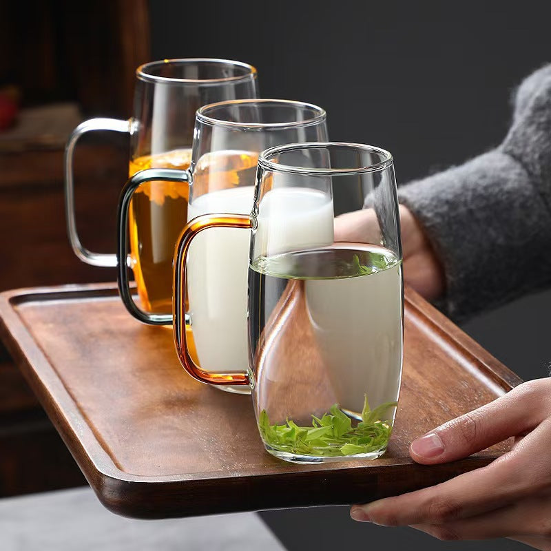 Single-Layer High Borosilicate Glass Tea Cup With Colorful Handle, Large Capacity Transparent Water Mug For Home Green Flower Tea Drinking