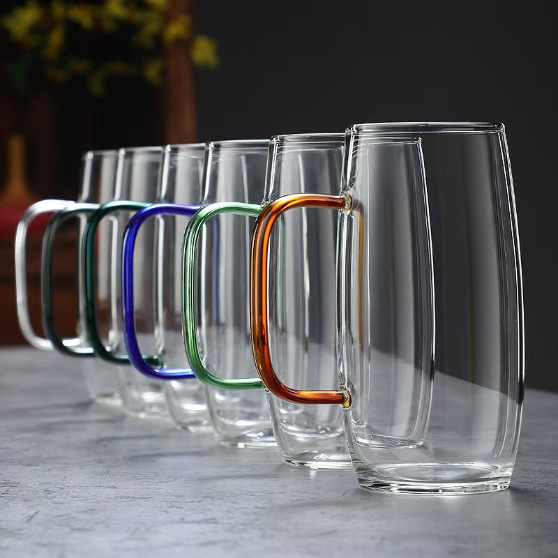 Single-Layer High Borosilicate Glass Tea Cup With Colorful Handle, Large Capacity Transparent Water Mug For Home Green Flower Tea Drinking